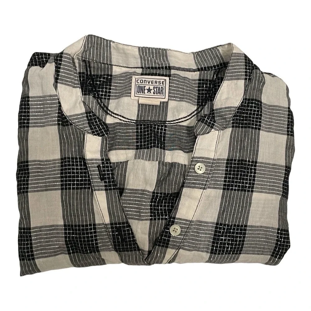 Converse One Star Women's Black & White Plaid Long Sleeve Button Up Shirt Size L - Picture 2 of 4